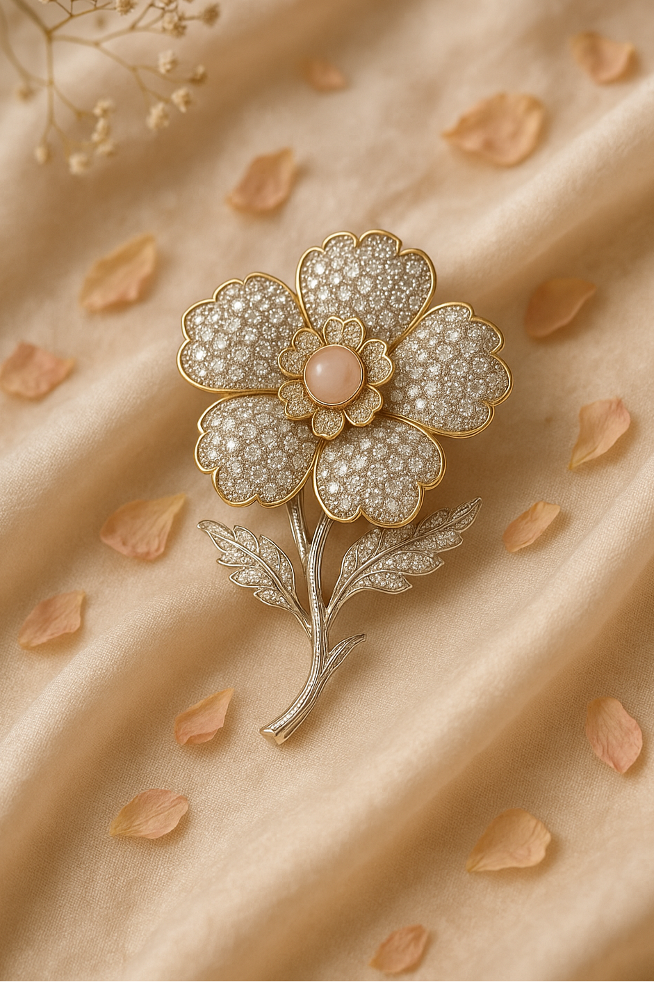 Decorative flower brooch with gemstones on a beige fabric background